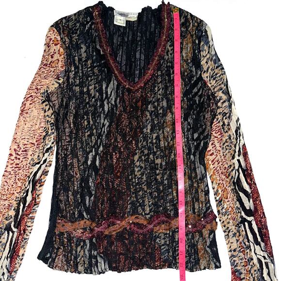 Alberto Makali Sheer Lace Sequin Animal Print Long Sleeve Top Size Medium - Picture 10 of 11